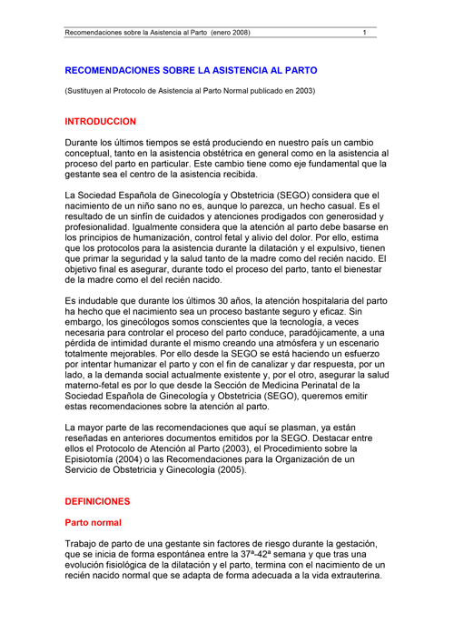 sego_recomend_asist_parto_2008 RECOMENDACIONES SOBRE LA ASISTENCIA AL PARTO