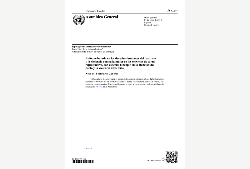 En aquest informe, la Relatora Especial sobre la violència contra la dona, les seves causes i conseqüències analitza la qüestió del maltractament i la violència contra les dones en els serveis de salut reproductiva amb especial recalcament en l'atenció del part i la violència obstètrica, així com les causes profundes i els problemes estructurals que han d'afrontar-se per a lluitar contra aquestes formes de maltractament i violència.