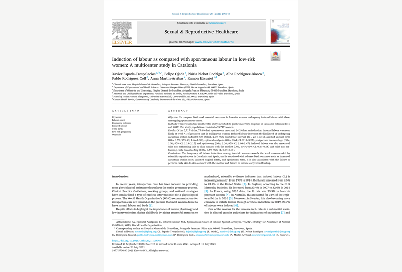Induction of labour as compared with spontaneous labour in low-risk women: A multicenter study in Catalonia