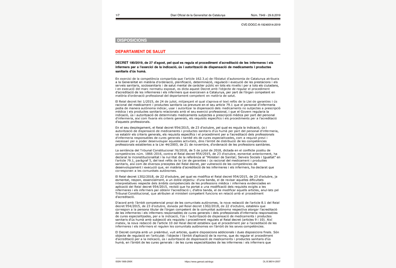DECRET 180/2019, de 27 d'agost