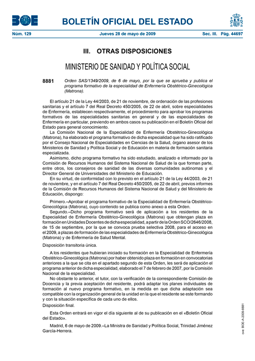 BOE de l'especialitat d'infermeria obstètrico-ginecològica