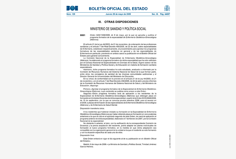 BOE de l'especialitat d'infermeria obstètrico-ginecològica