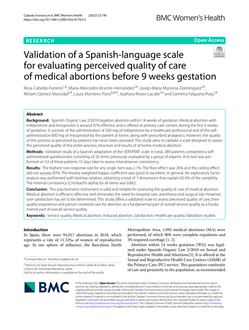 Validation of a Spanish‑language scale for evaluating perceived quality of care of medical abortions before 9 weeks gestation